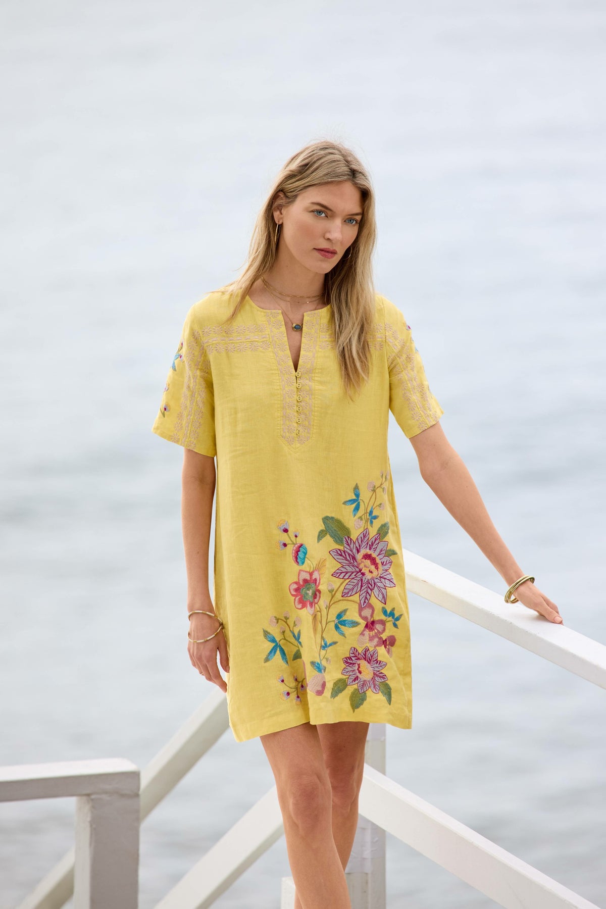 SEAMED BUTTON NECK LINEN DRESS