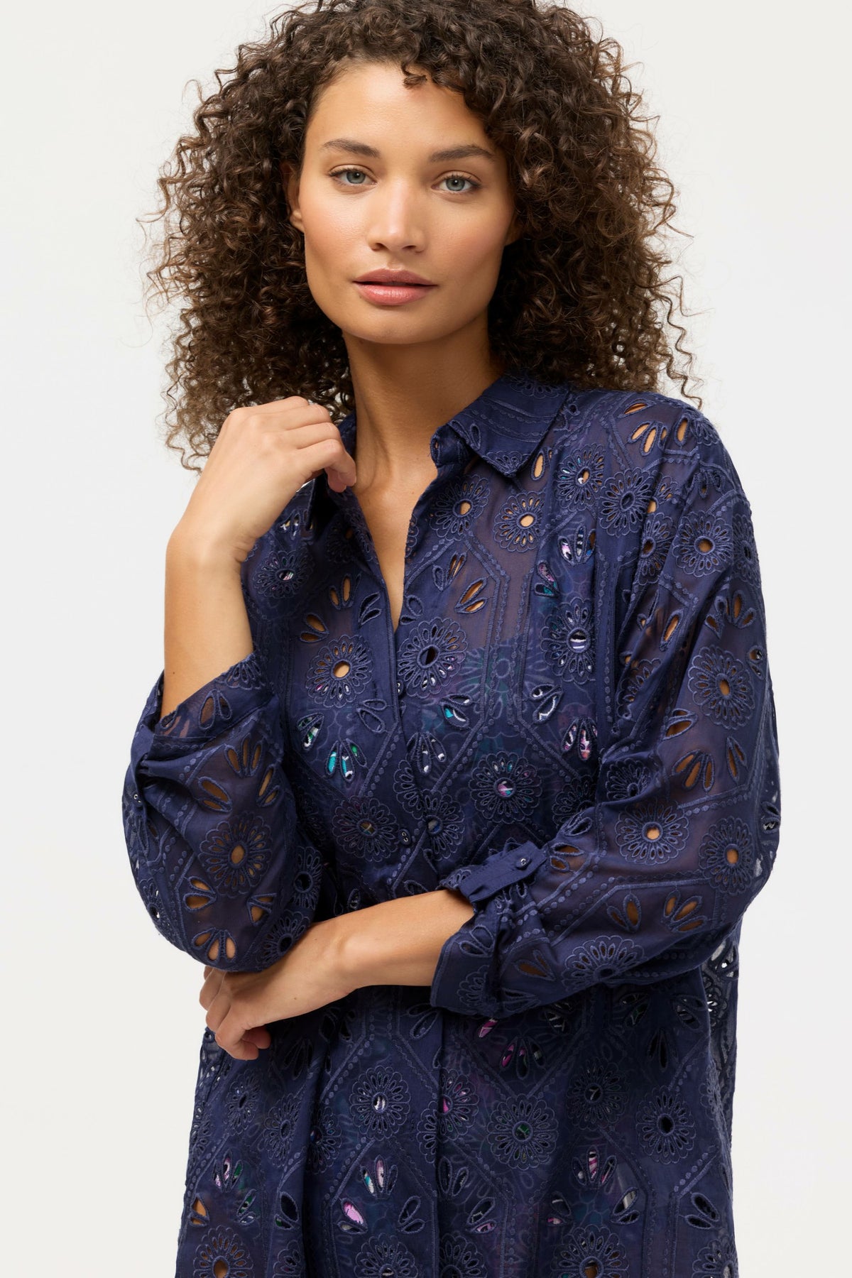 NAVY MARILLA EYELET BUTTON DOWN SHIRT DRESS