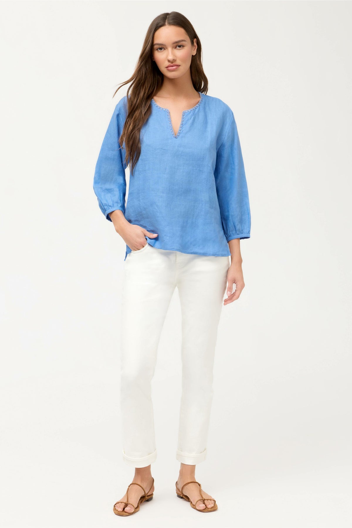 SPLIT NECK LINEN BLOUSE