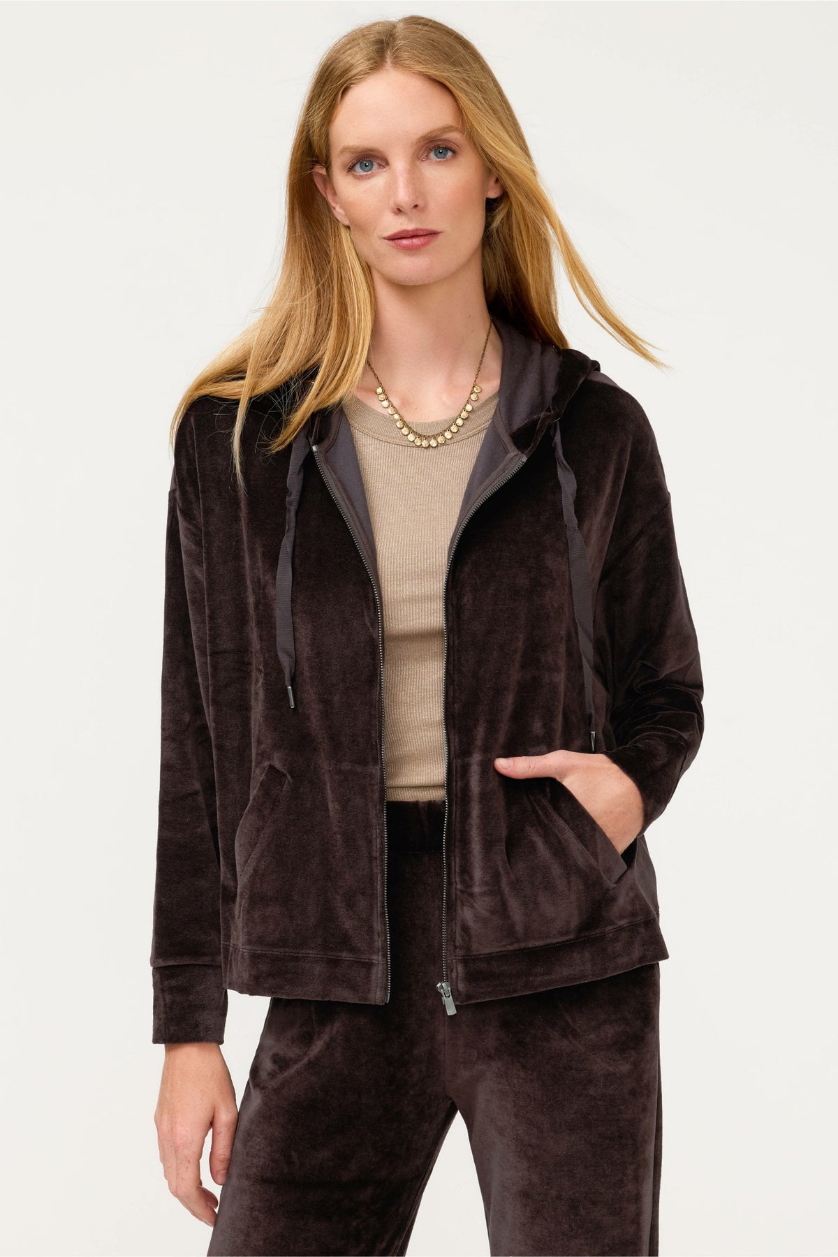 ESSENTIALS VELOUR LONG SLEEVE ZIP FRONT HOODIE