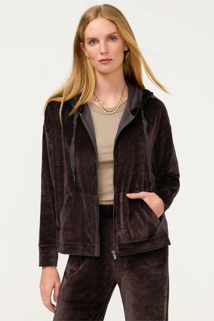 ESSENTIALS VELOUR LONG SLEEVE ZIP FRONT HOODIE