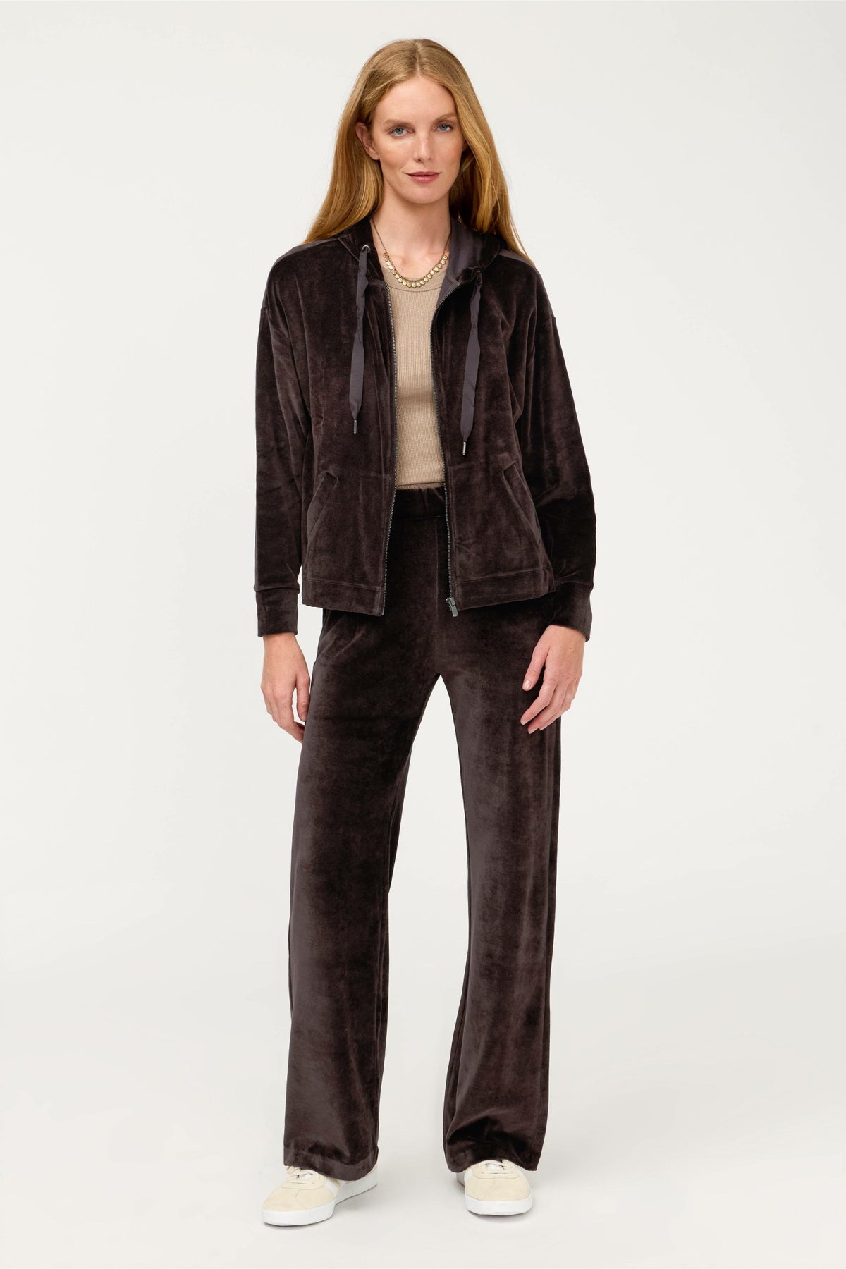 ESSENTIALS VELOUR LONG SLEEVE ZIP FRONT HOODIE