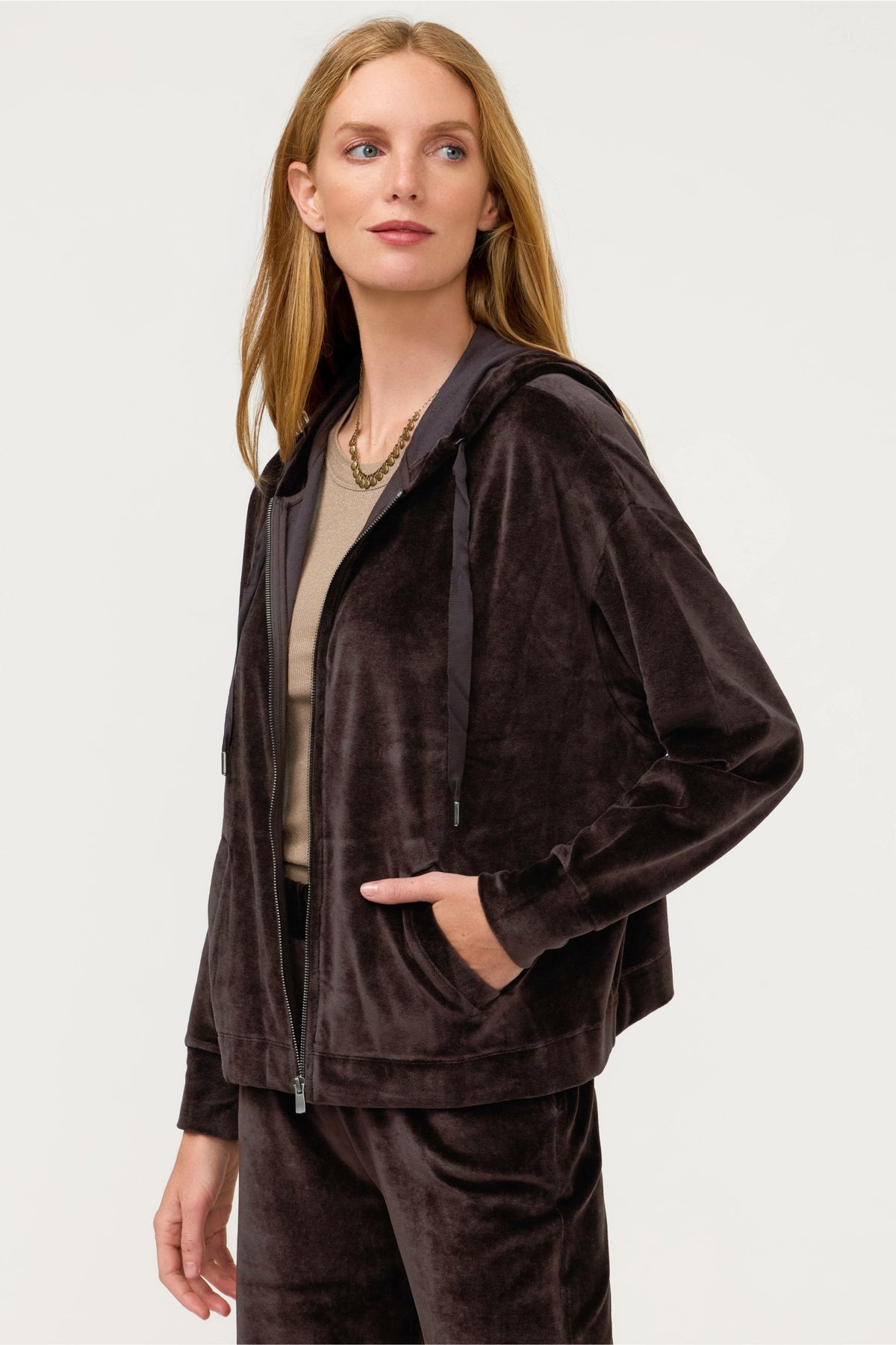 ESSENTIALS VELOUR LONG SLEEVE ZIP FRONT HOODIE