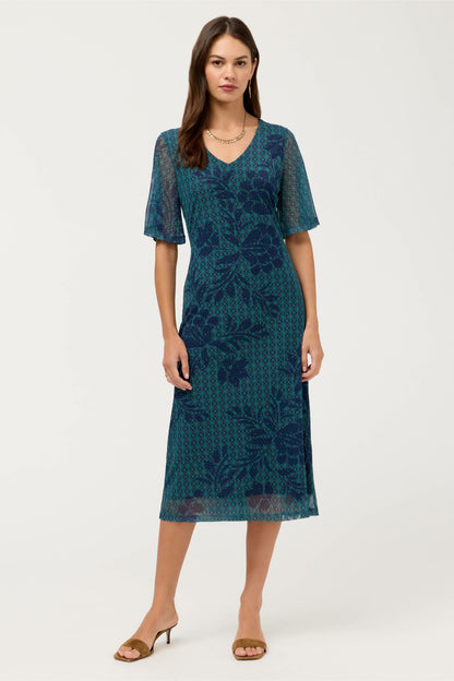 DOUBLE V-NECK MESH MIDI DRESS