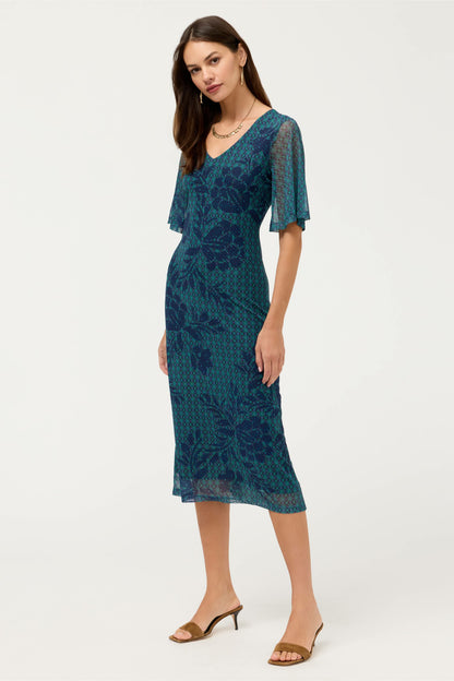 DOUBLE V-NECK MESH MIDI DRESS