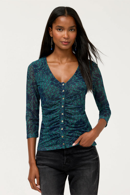 RUCHED BUTTON FRONT MESH TEE