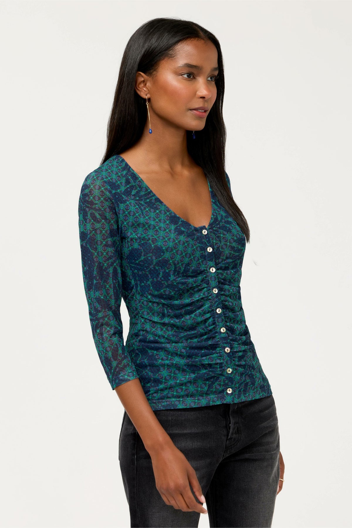 RUCHED BUTTON FRONT MESH TEE