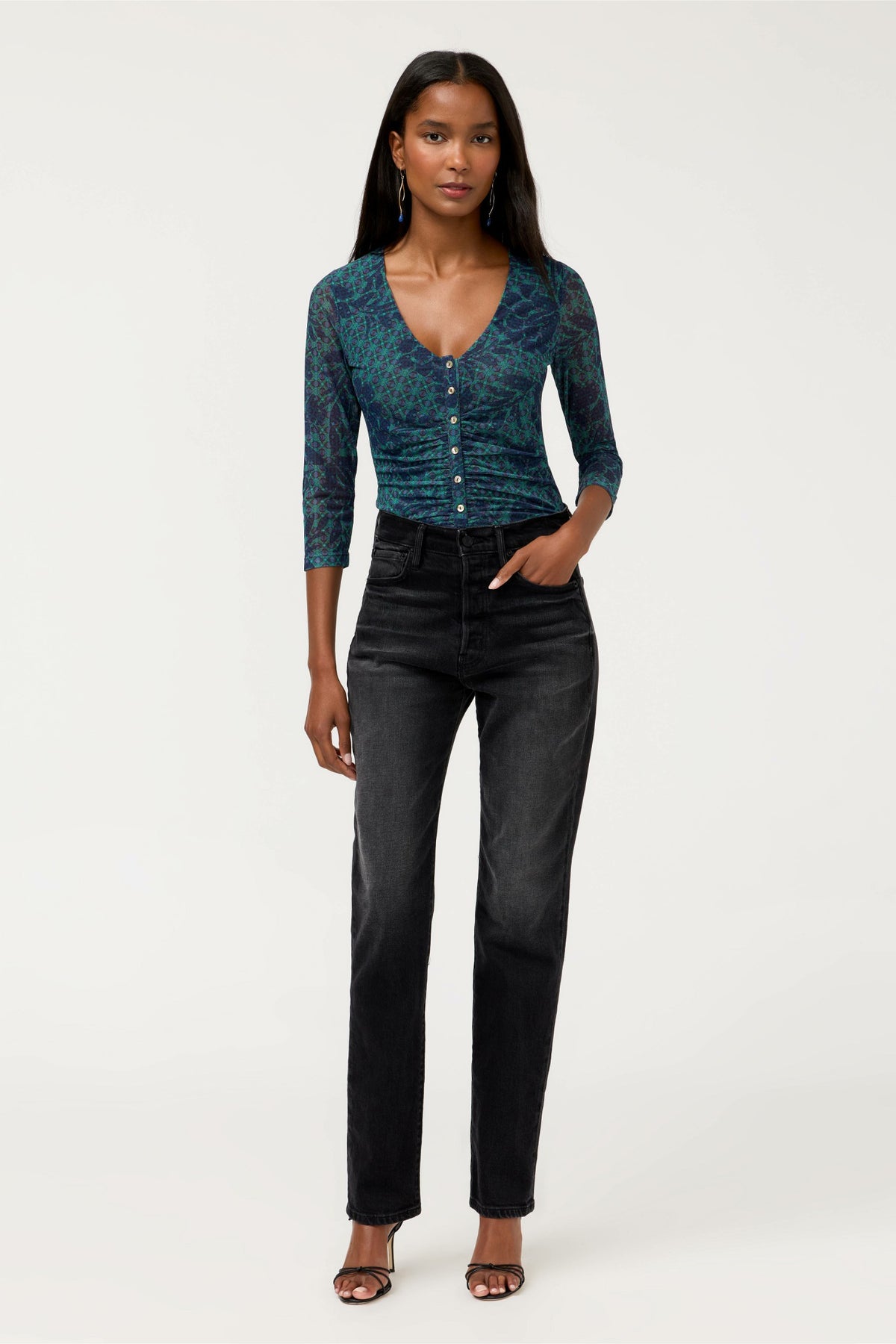 RUCHED BUTTON FRONT MESH TEE