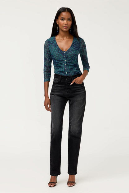 RUCHED BUTTON FRONT MESH TEE