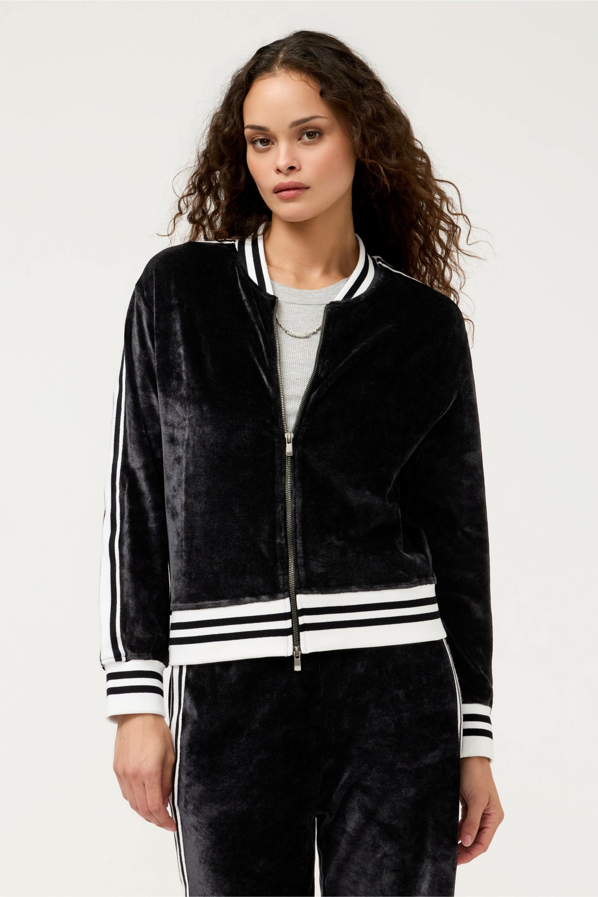 VELOUR ZIP BOMBER WITH STRIPE DETAIL