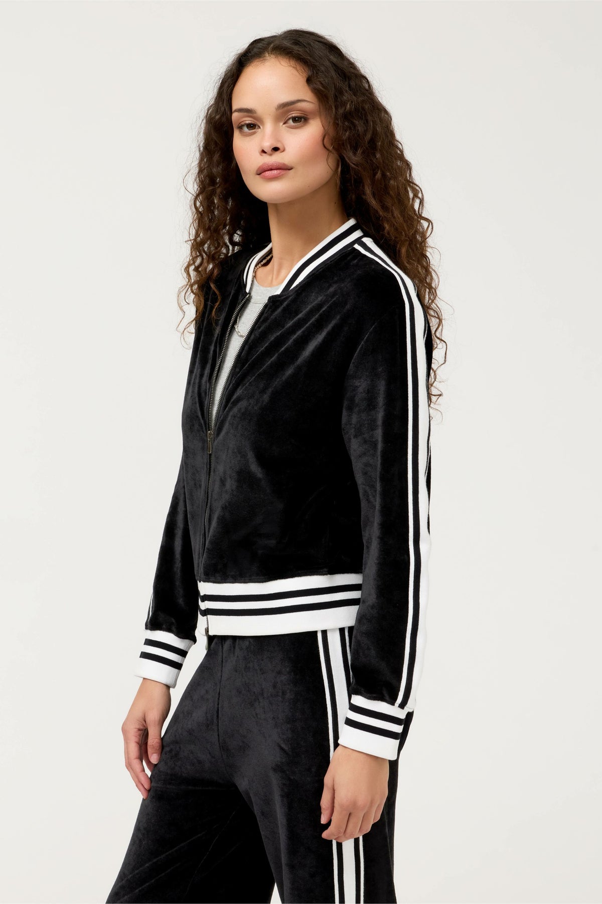 VELOUR ZIP BOMBER WITH STRIPE DETAIL