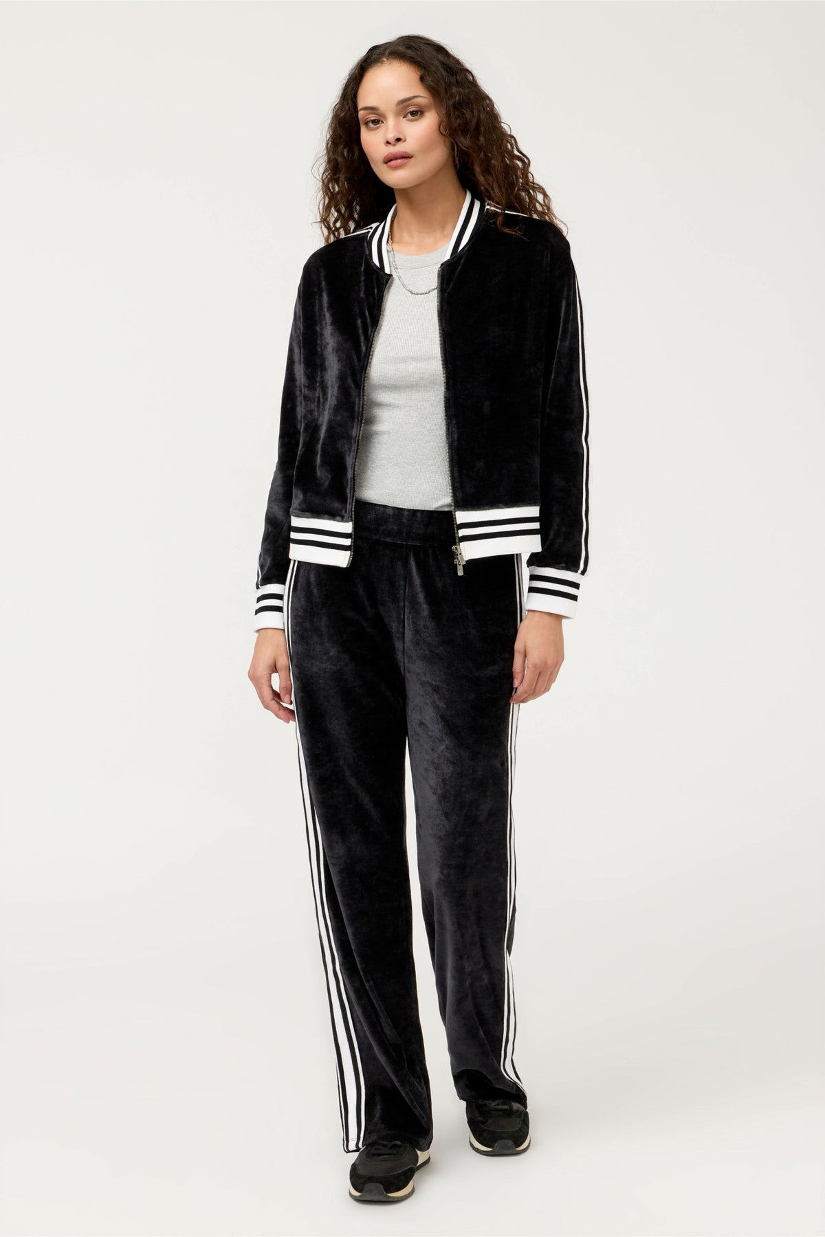 VELOUR ZIP BOMBER WITH STRIPE DETAIL