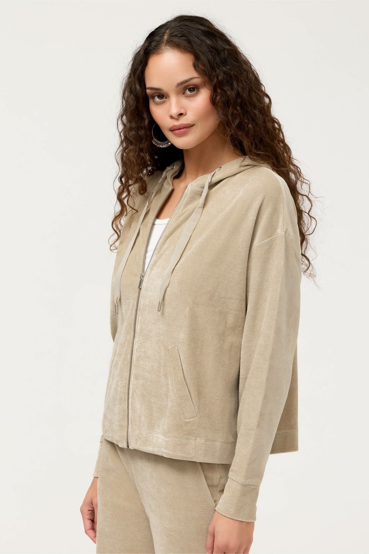 ESSENTIALS VELOUR LONG SLEEVE ZIP FRONT HOODIE