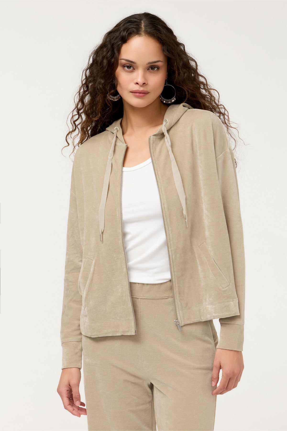 ESSENTIALS VELOUR LONG SLEEVE ZIP FRONT HOODIE