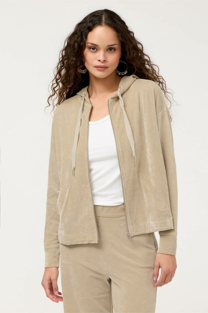 ESSENTIALS VELOUR LONG SLEEVE ZIP FRONT HOODIE