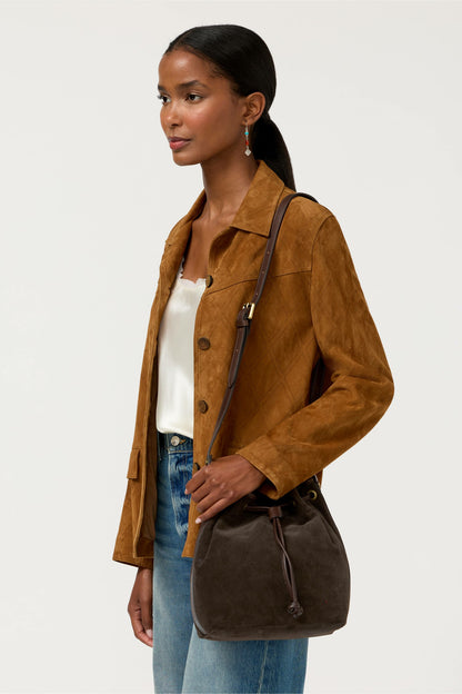 ITALIAN SUEDE CINCH CROSSBODY BUCKETBAG
