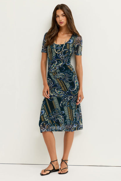 SCOOP NECK RUCHED FRONT MESH MIDI DRESS