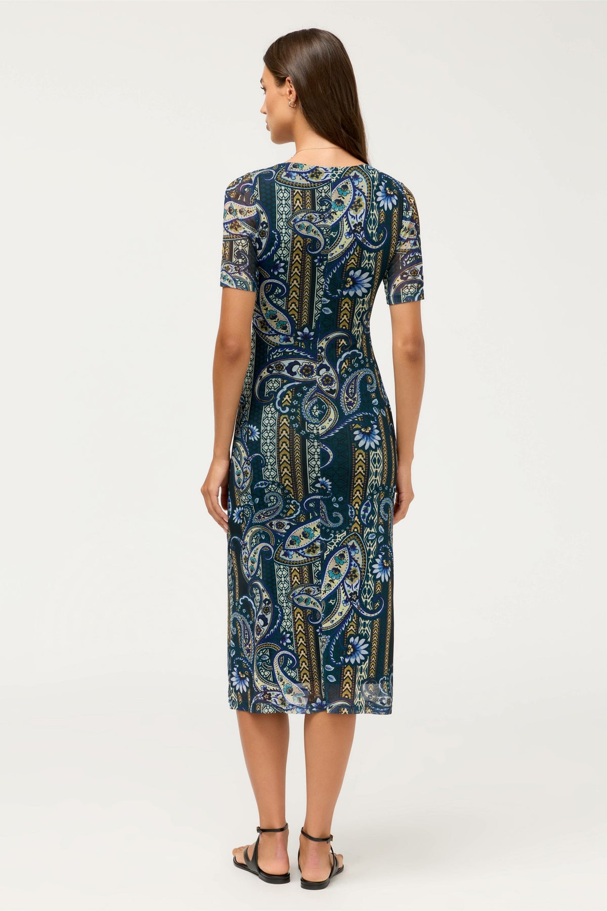 SCOOP NECK RUCHED FRONT MESH MIDI DRESS