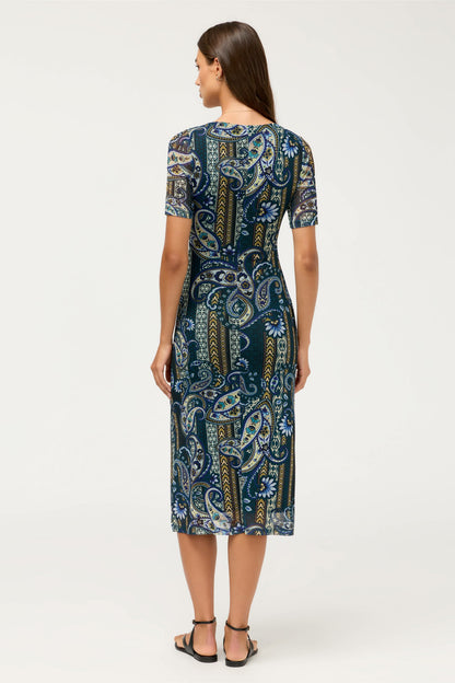 SCOOP NECK RUCHED FRONT MESH MIDI DRESS