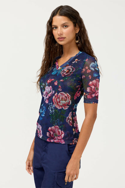 V-NECK ELBOW SLEEVE MESH TOP