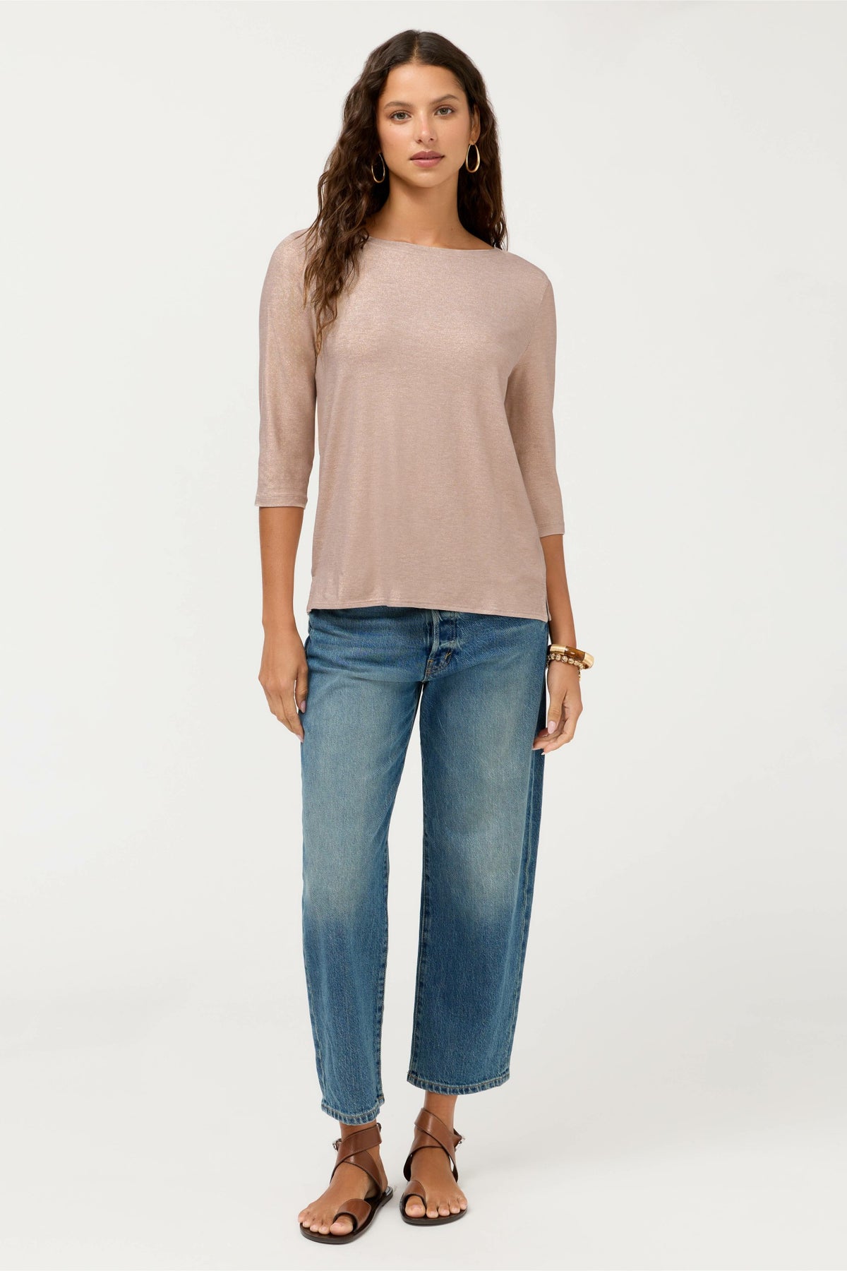 ESSENTIALS METALLIC 3/4 SLEEVE BOATNECK