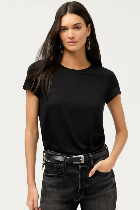 ESSENTIALS SHORT SLEEVE PLEAT BACK CREW NECK