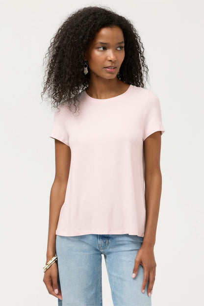 ESSENTIALS SHORT SLEEVE PLEAT BACK CREW NECK