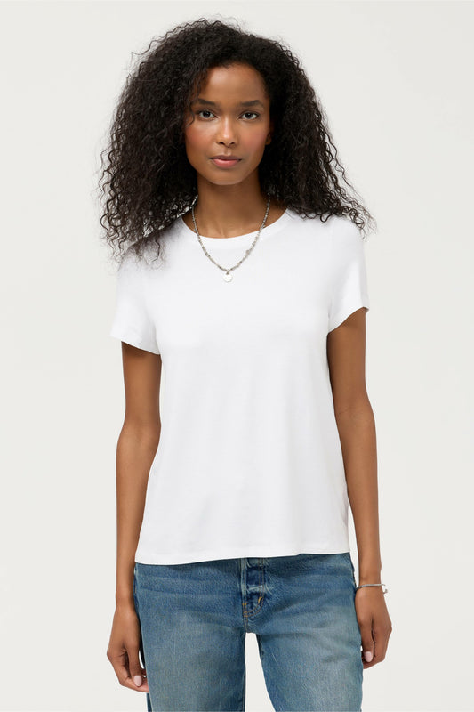 ESSENTIALS SHORT SLEEVE PLEAT BACK CREW NECK