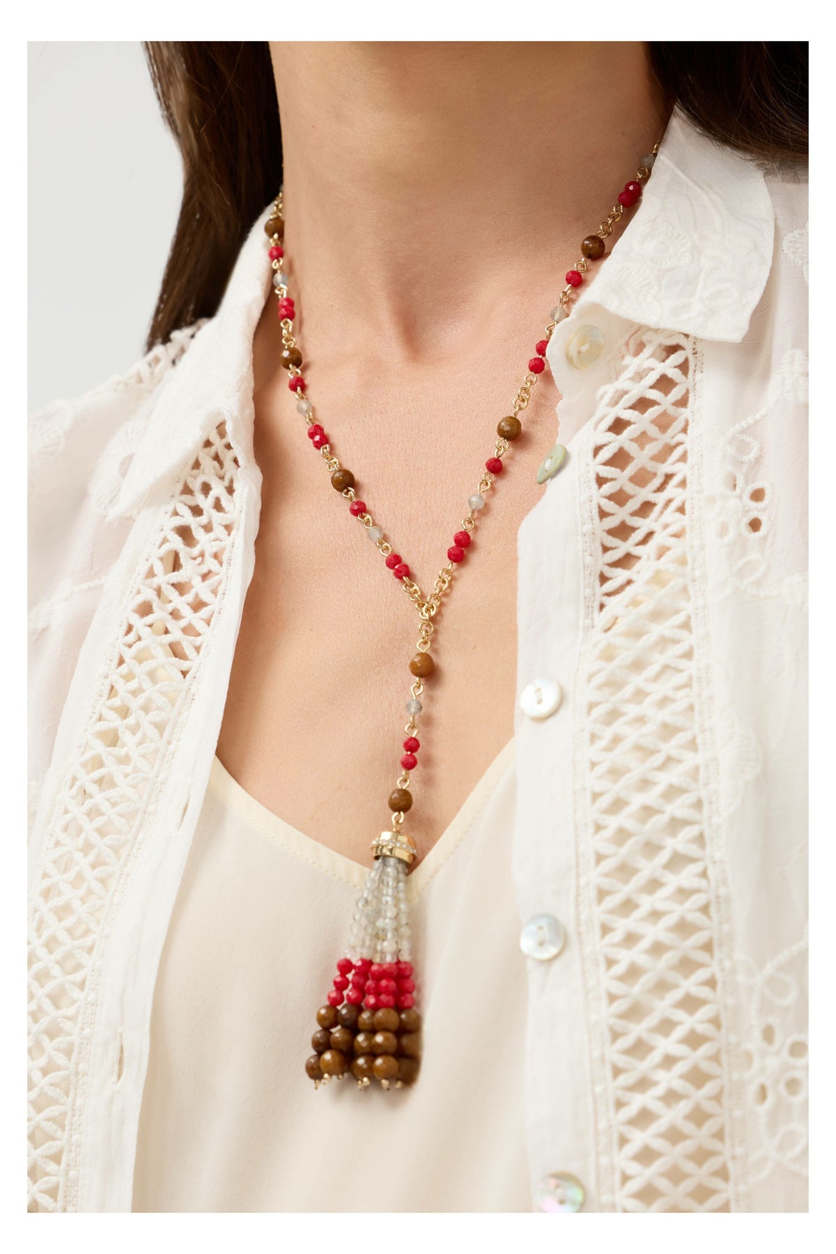 SEMIPRECIOUS BEADED NECKLACE WITH TASSEL