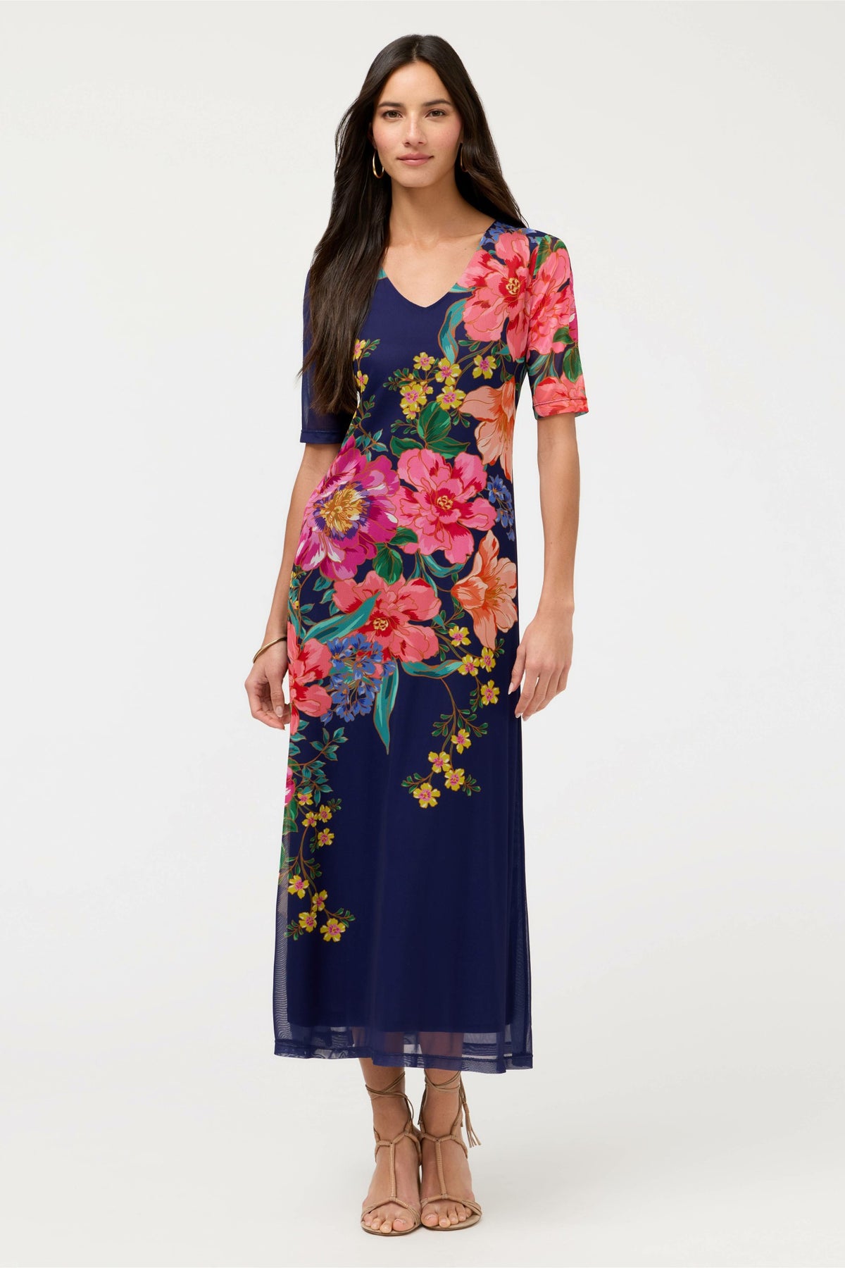 ELBOW SLEEVE V-NECK MESH MIDI DRESS