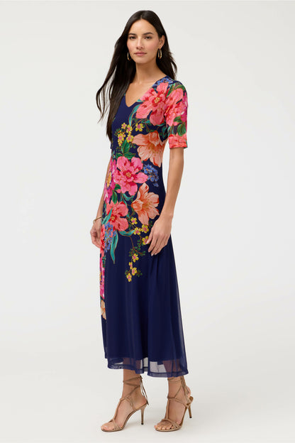 ELBOW SLEEVE V-NECK MESH MIDI DRESS