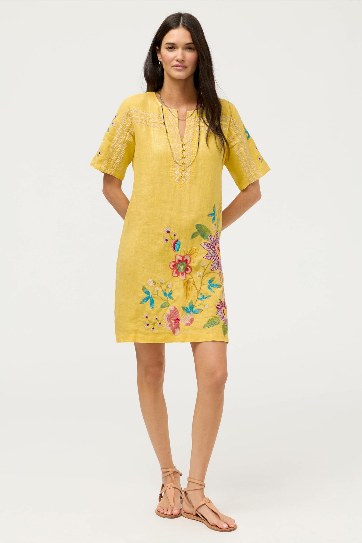 SEAMED BUTTON NECK LINEN DRESS