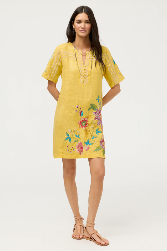 SEAMED BUTTON NECK LINEN DRESS