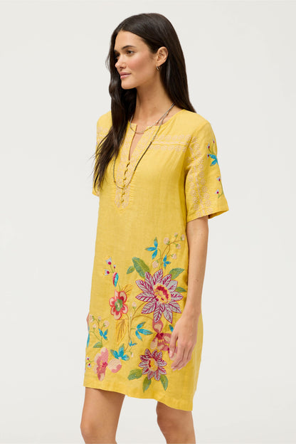 SEAMED BUTTON NECK LINEN DRESS