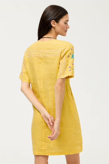 SEAMED BUTTON NECK LINEN DRESS