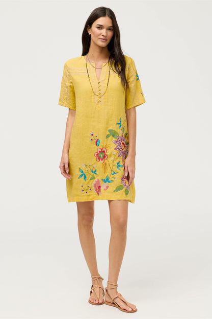 SEAMED BUTTON NECK LINEN DRESS