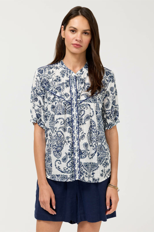 SHORT SLEEVE WESTERN SHIRRED YOKE BLOUSE