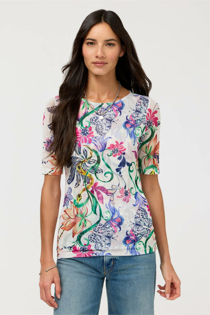 ELBOW SLEEVE BOAT NECK MESH TOP