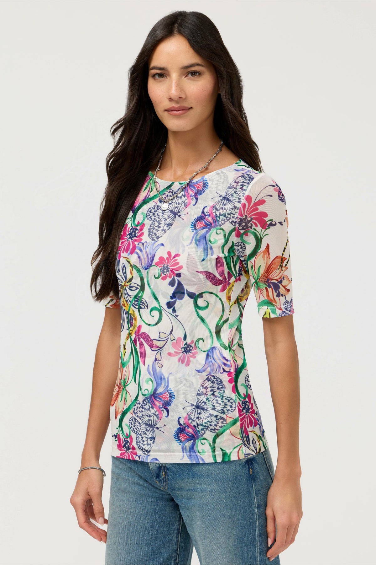 ELBOW SLEEVE BOAT NECK MESH TOP