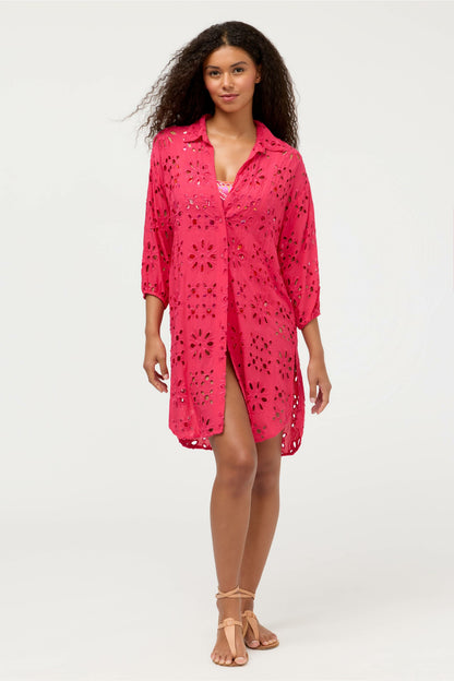 EYELET BUTTON DOWN SHIRT DRESS