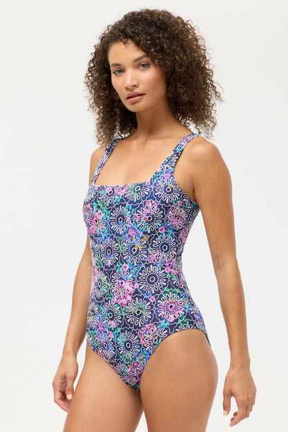 NAVY MELIA EYELET SQUARE NECK ONE PIECE