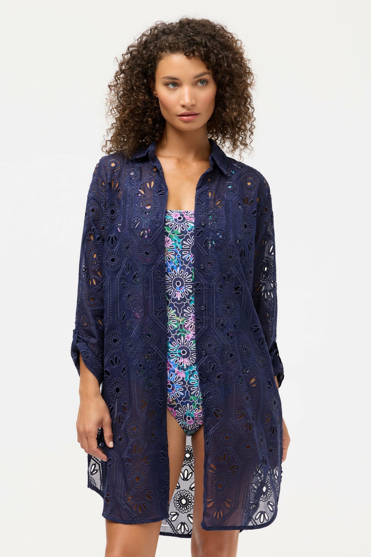 NAVY MARILLA EYELET BUTTON DOWN SHIRT DRESS