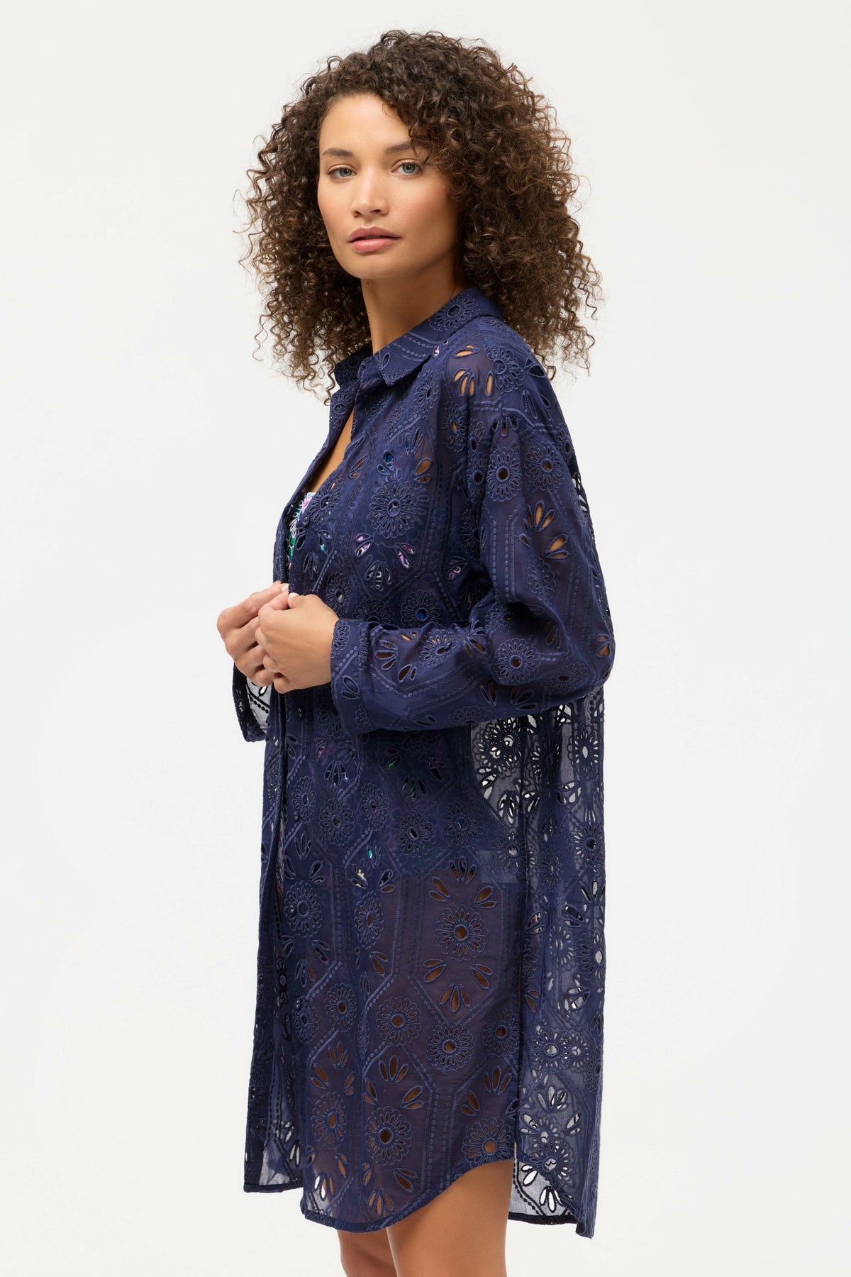 NAVY MARILLA EYELET BUTTON DOWN SHIRT DRESS