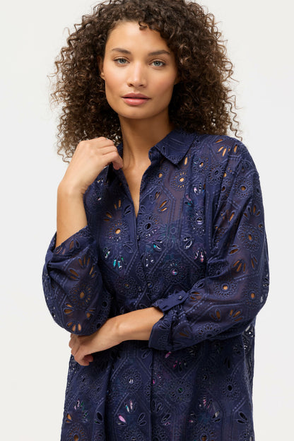 NAVY MARILLA EYELET BUTTON DOWN SHIRT DRESS