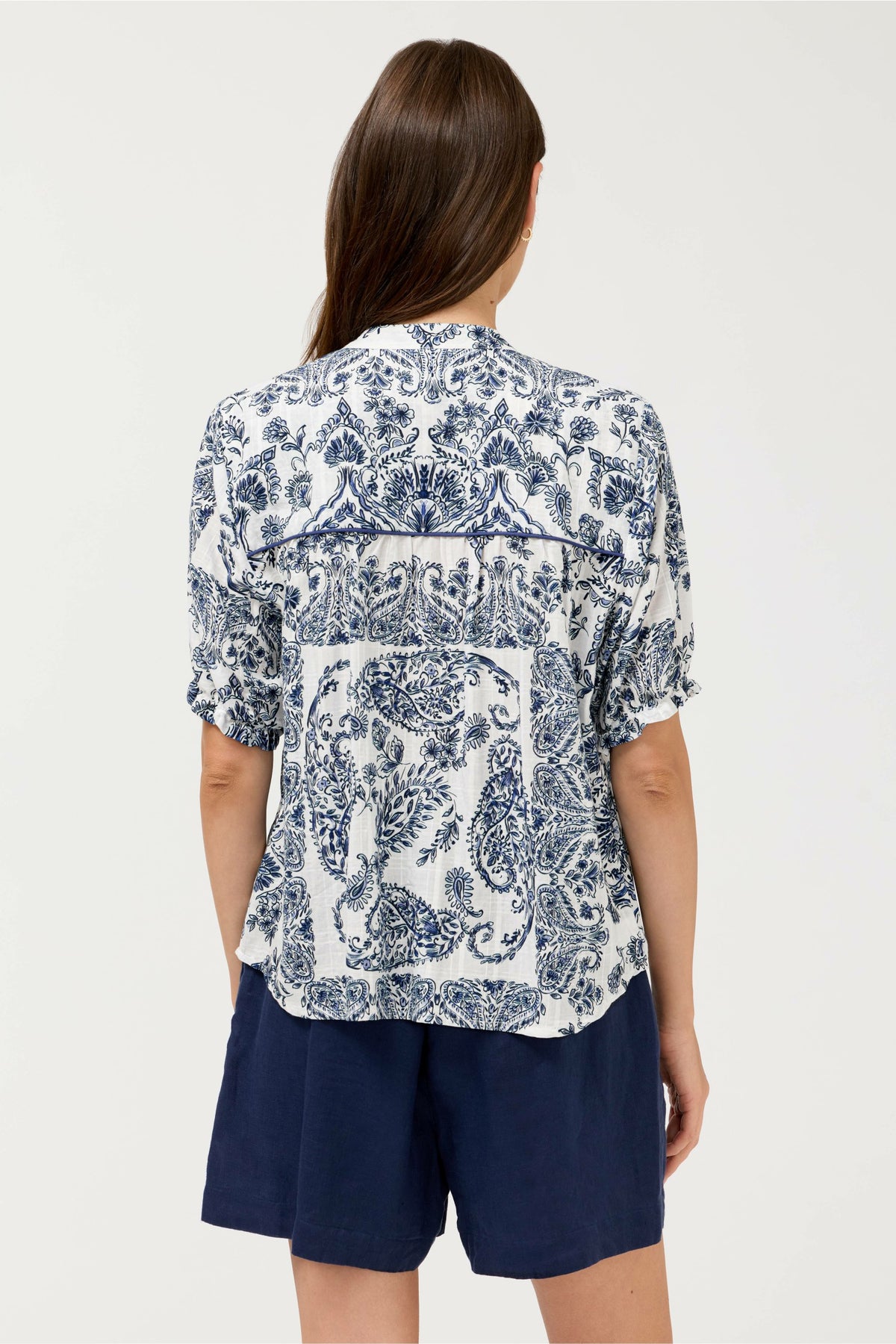 SHORT SLEEVE WESTERN SHIRRED YOKE BLOUSE