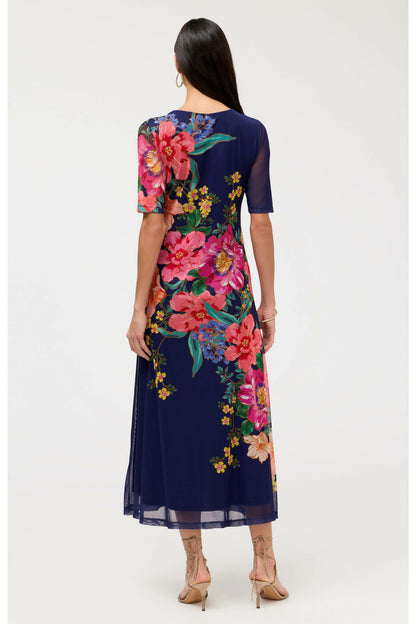 ELBOW SLEEVE V-NECK MESH MIDI DRESS