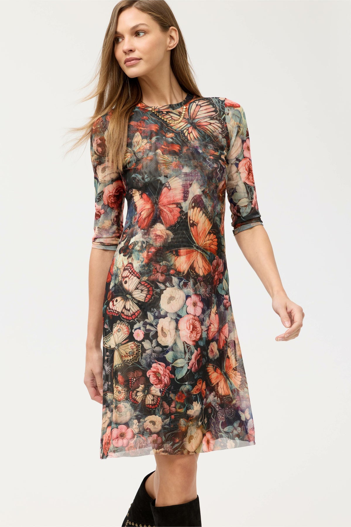 3/4 SLEEVE MESH MIDI DRESS