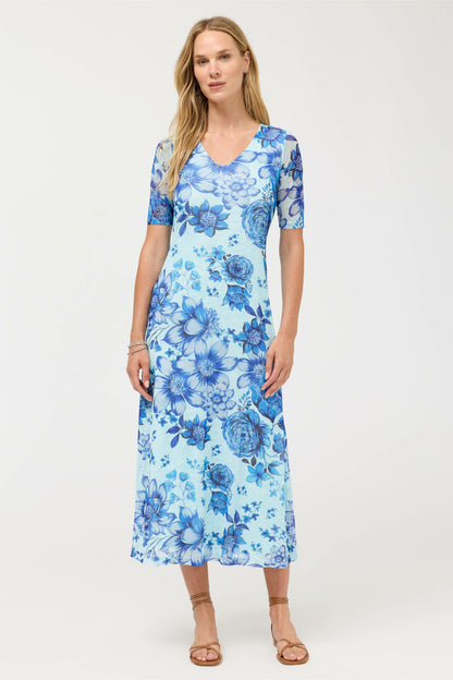 ELBOW SLEEVE V-NECK MESH MIDI DRESS