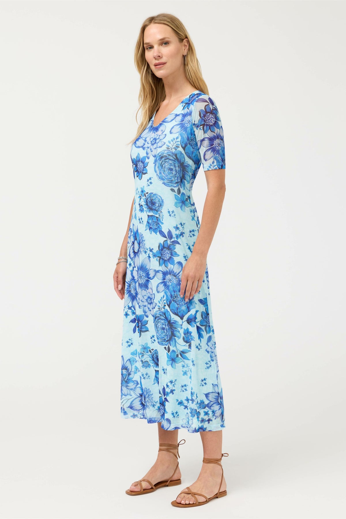 ELBOW SLEEVE V-NECK MESH MIDI DRESS