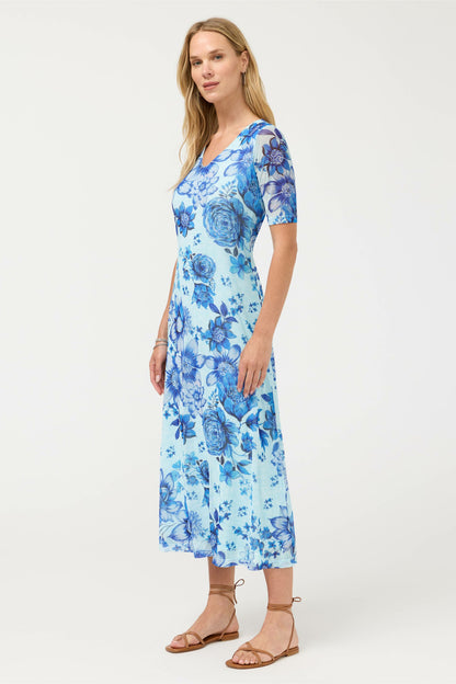 ELBOW SLEEVE V-NECK MESH MIDI DRESS
